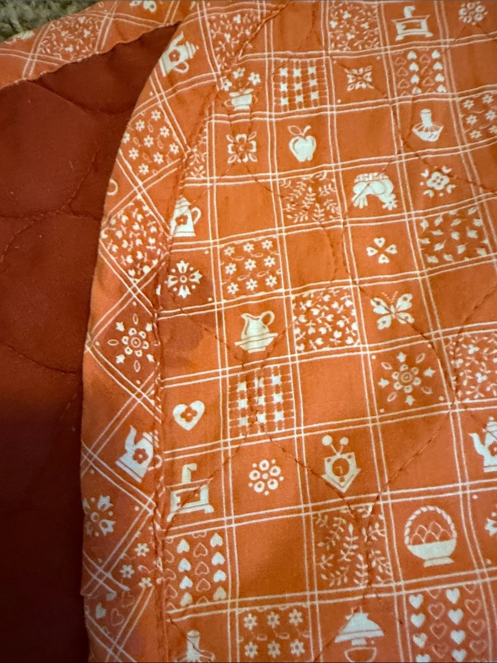Vintage Quilted Placemats Set of 4 Reversible Orange Calico Patchwork 70s